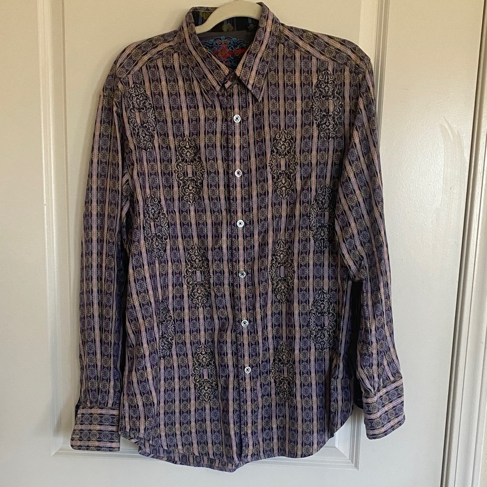 Robert Graham Men's Purple and Black Striped Shirt Size L